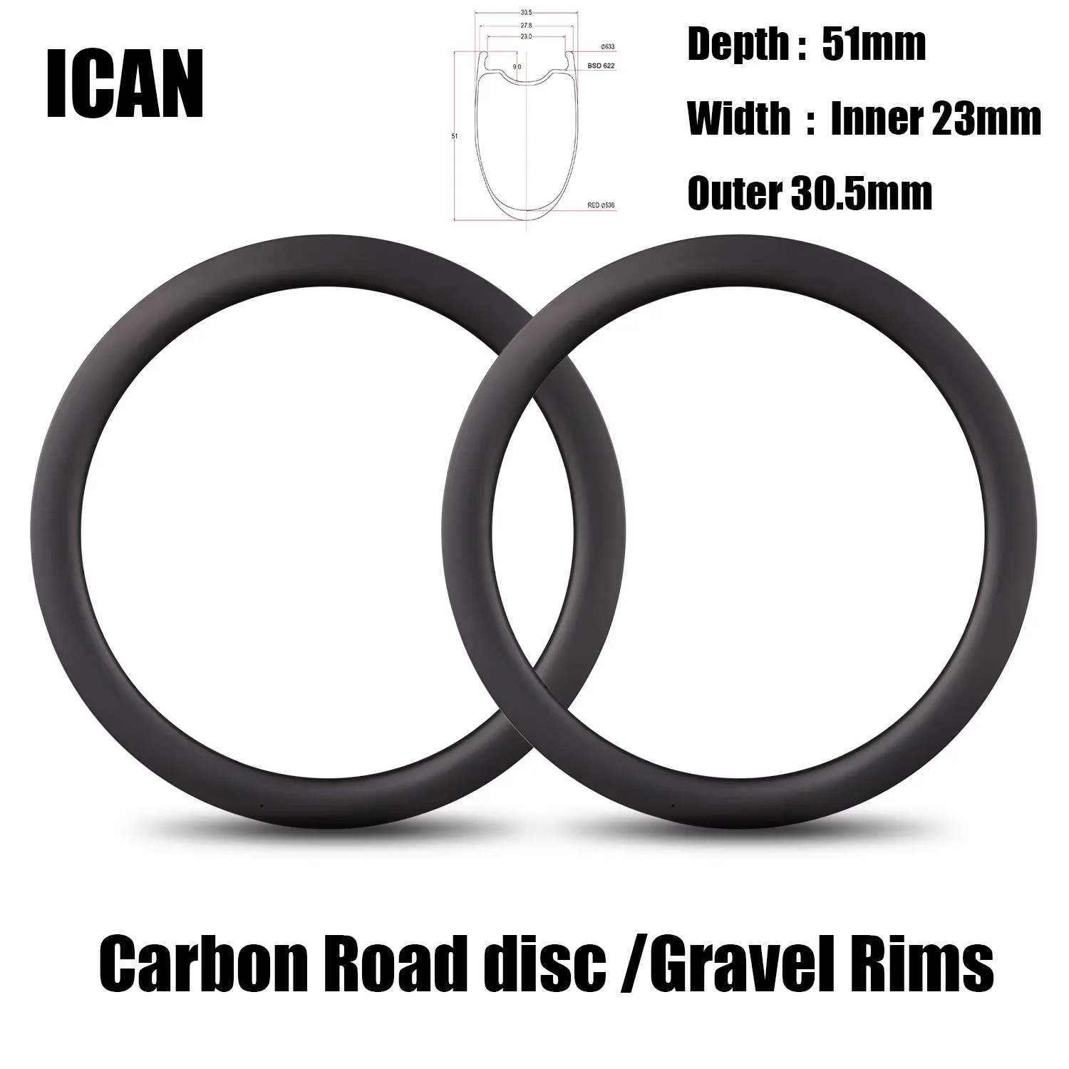 Jantes de bicicleta de estrada de carbono ICAN 700C 51C de largura 30,5 mm de profundidade 51 mm Toray T700 e T800 Fibra de carbono super leve 410g Gancho UD Rodas foscas