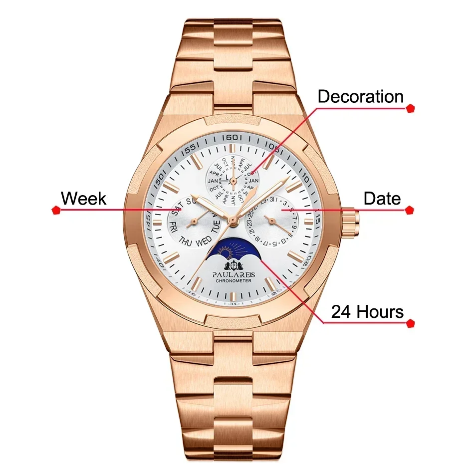 Men Luxury Luminous Rose Gold Silver Blue Fashion Quartz Overseas Moon Phase Stainless Steel Watches