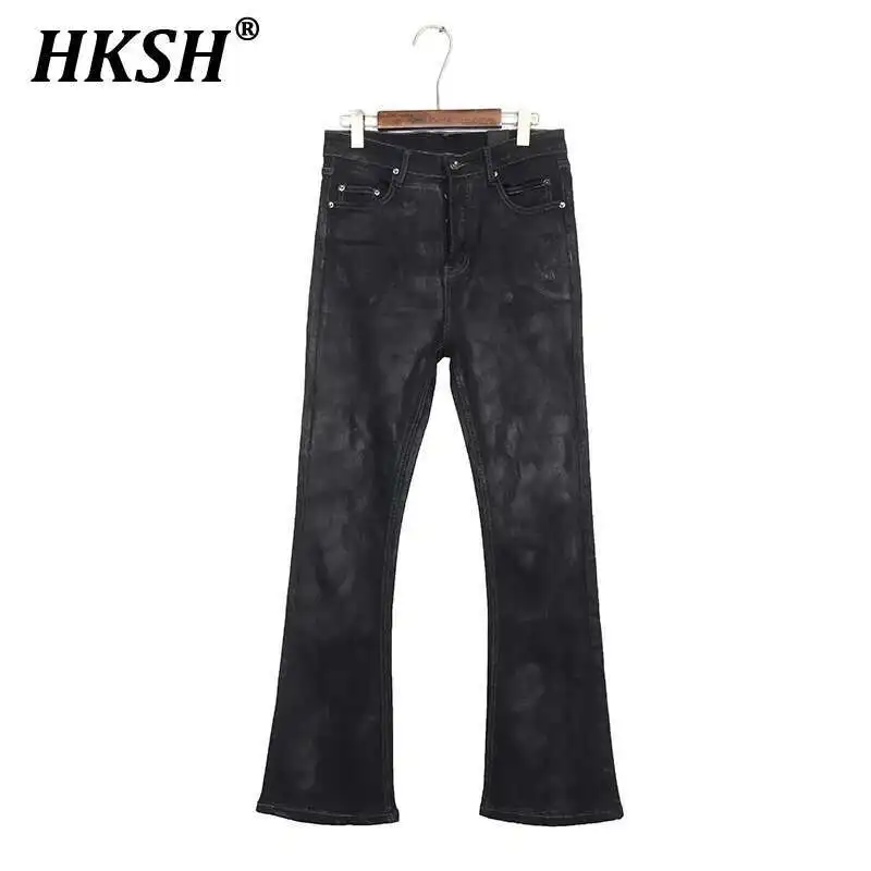 HKSH Dark Coated Jeans Men's Tide Punk High Street Micro Flared Spring Summer New Chic Trendy Denim Pants Brushed Waxed HK2146