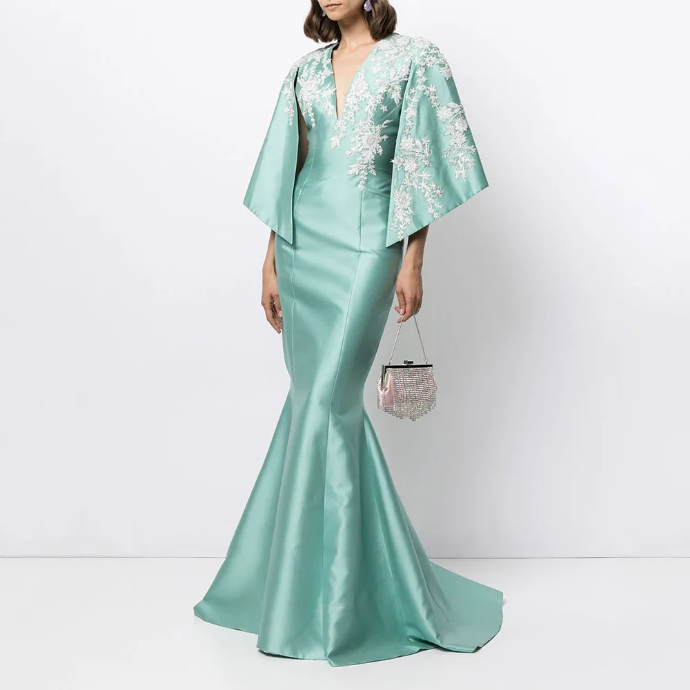 

Роскошные свадебные платья для гостей для женщин 2025, накидка с аппликацией, русалка, вечерние платья, длинное атласное вечернее платье с v-образным вырезом