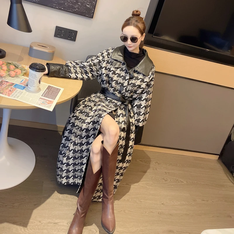 Winter New Thousand Bird Checkered Wool Coat Women Mid Length Warm Lace Up Single Breasted Spliced PU Leather Collar Coat