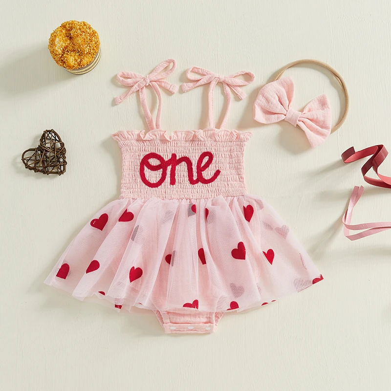 ma&baby 6-18M Baby Girl Birthday Romper Newborn Infant Toddler Outfit Letter Heart Jumpsuit Bow Headband