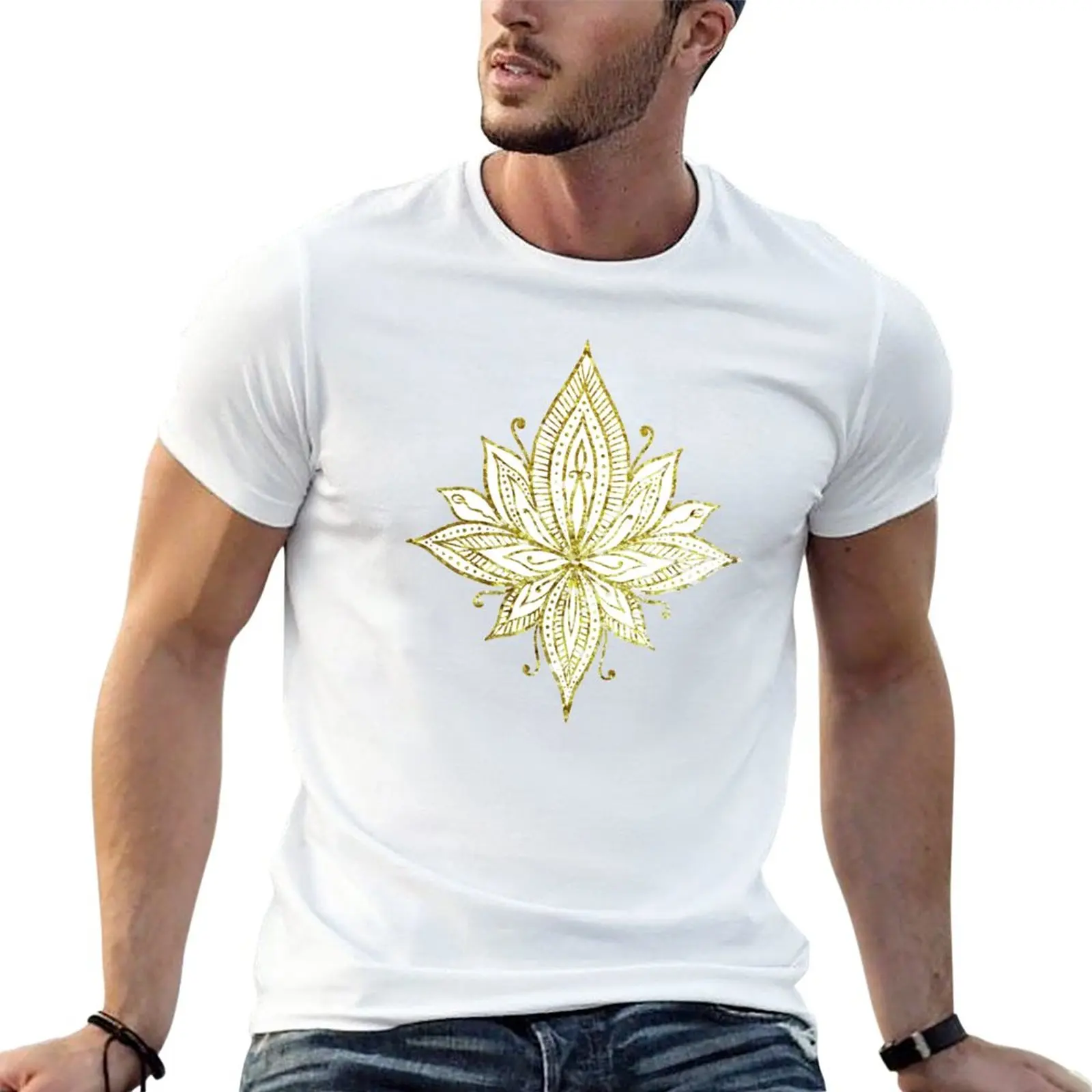 New White and Gold Lotus Damask Pattern T-Shirt graphic t shirt quick-drying t-shirt sweat shirts, men