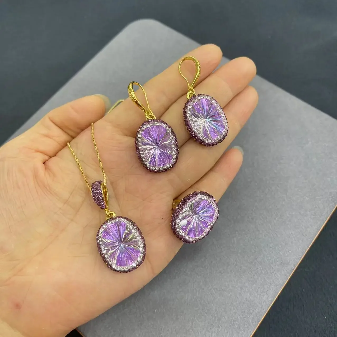 ヴィンテージジュエリーセット,3ピース,パーソナライズされたジュエリー,卸売,新しいアメジスト,ニッチ,中国