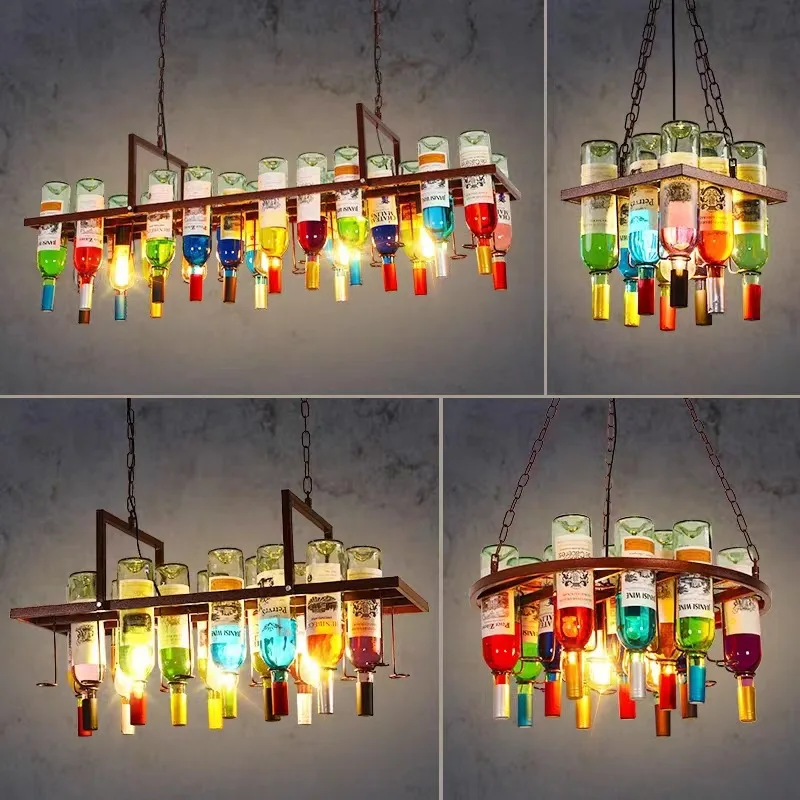 

American Retro Industrial Style Bars Glass Restaurants Bar Countertops Cafes Colored Wine Bottles Pendant Lights Chandeliers