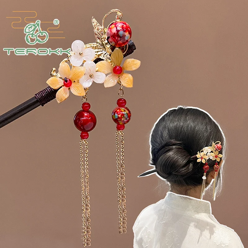 النمط الصيني مضيئة جناح الشعر العصي للنساء الاطفال الرجعية المعادن الخشب زهرة شرابة دبوس الشعر مقاطع إكسسوارات الشعر #4
