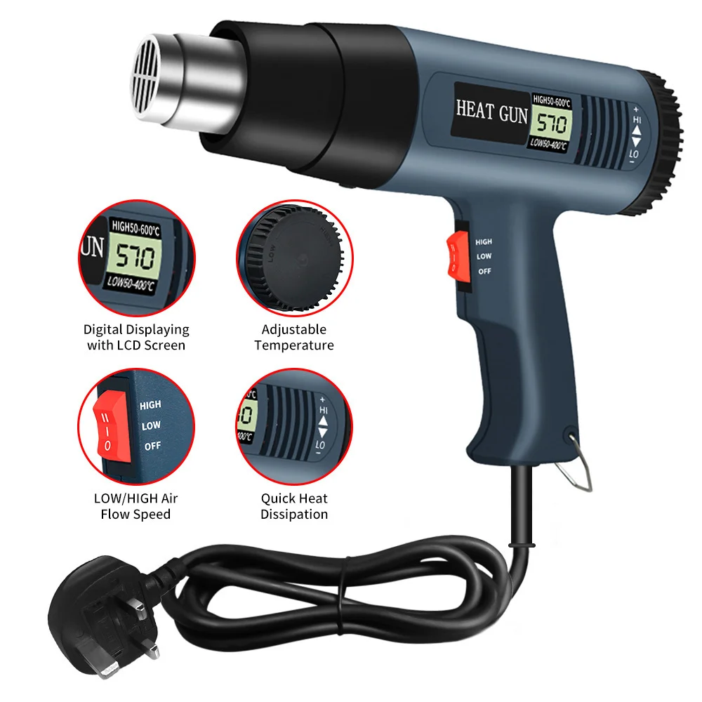 Pistola de ar quente elétrica avançada variável, pistola de calor ajustável, 220V, 2000W, temperaturas