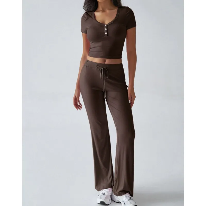 

Women Sexy Slim Fit Sets 2025 Summer Latest Casual Solid Yoga Suit Slim Fit Sports Short Sleeved tees Pants Two-Piece Set Outfit
