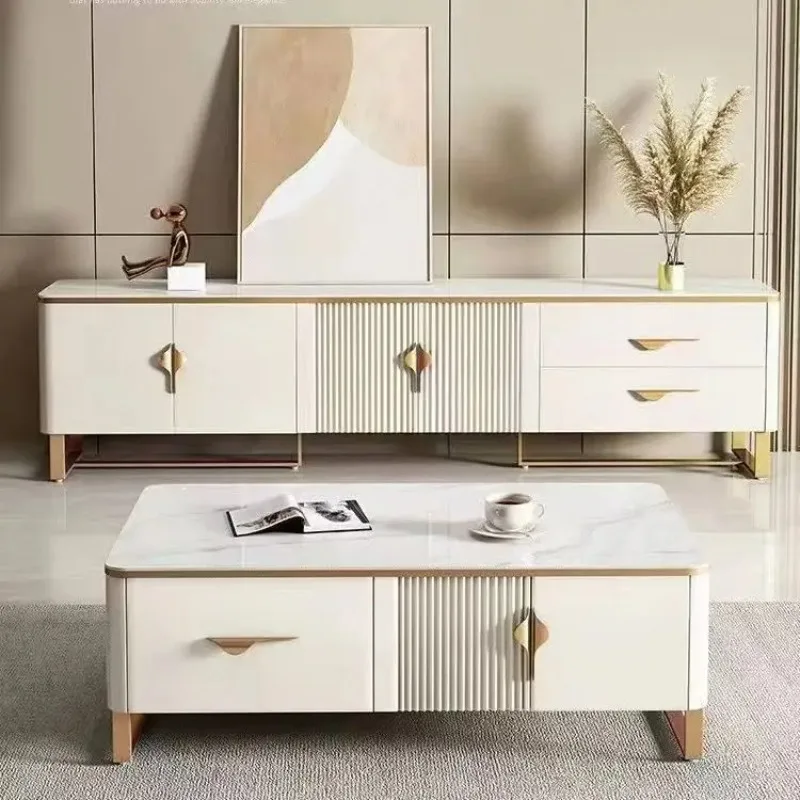 #￥Living Room Furniture Elegant High End Gold White Stainless Steel Frame TV Stand High Quality Tv Table and Coffee Table Set
