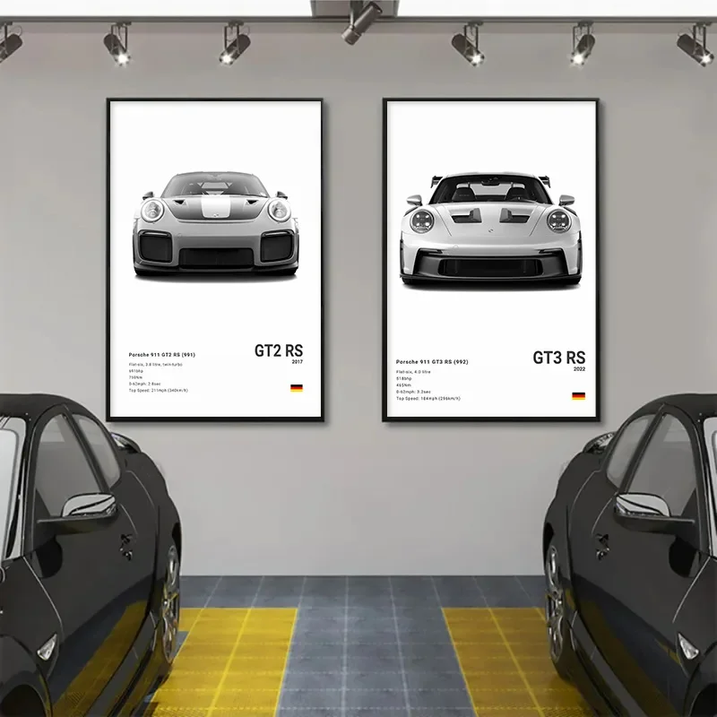 Black and White German Luxury Sports Car Posters Wall Art 911 GT3 RS Turbo Canvas Painting Pictures For Garage Living Room Decor