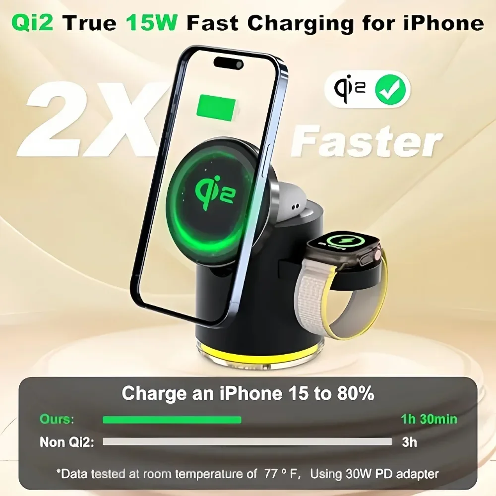 

4 in 1 15W Foldable Fast Charging Station Qi2 Magnetic Wireless Charger for Magsafe iPhone16/15/14/13/12 Apple Watch AirPods Pro
