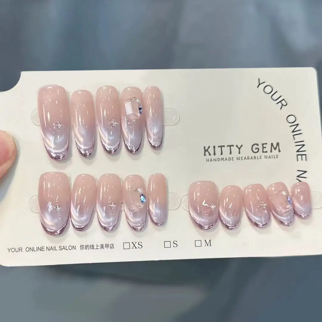 10 pezzi fatti a mano stampa sulle unghie viola delicato perla di vetro occhio di gatto francese unghie finte per donne e ragazze staccabile indossabile unghie finte