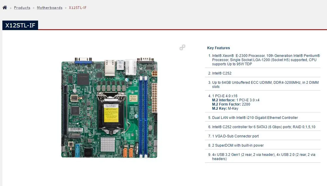 X12STL-IF for Supermicro Mini-ITX Motherboard Socket LGA-1200 Xeon E-2300 Processor PCI-E 4.0  M.2 Dual LAN with Intel i210