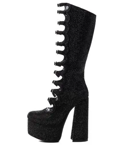 Women Full Crystal Rhinestone Platform Mid Calf Boots Hollow Out Multi Buckle Chunky High Heel Boots Party Knee High Boots