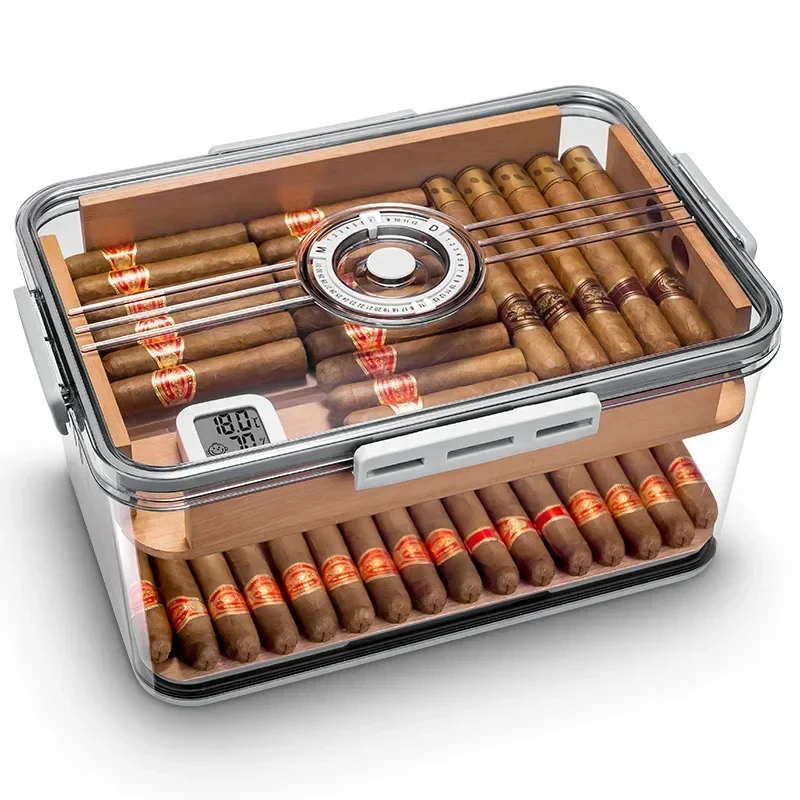 Portable Sealed Cigar Humidor Box Transparently Seal Cigar Humidor Cedar Wood Shelf With Hygrometer Capacity 100PCS PP Material