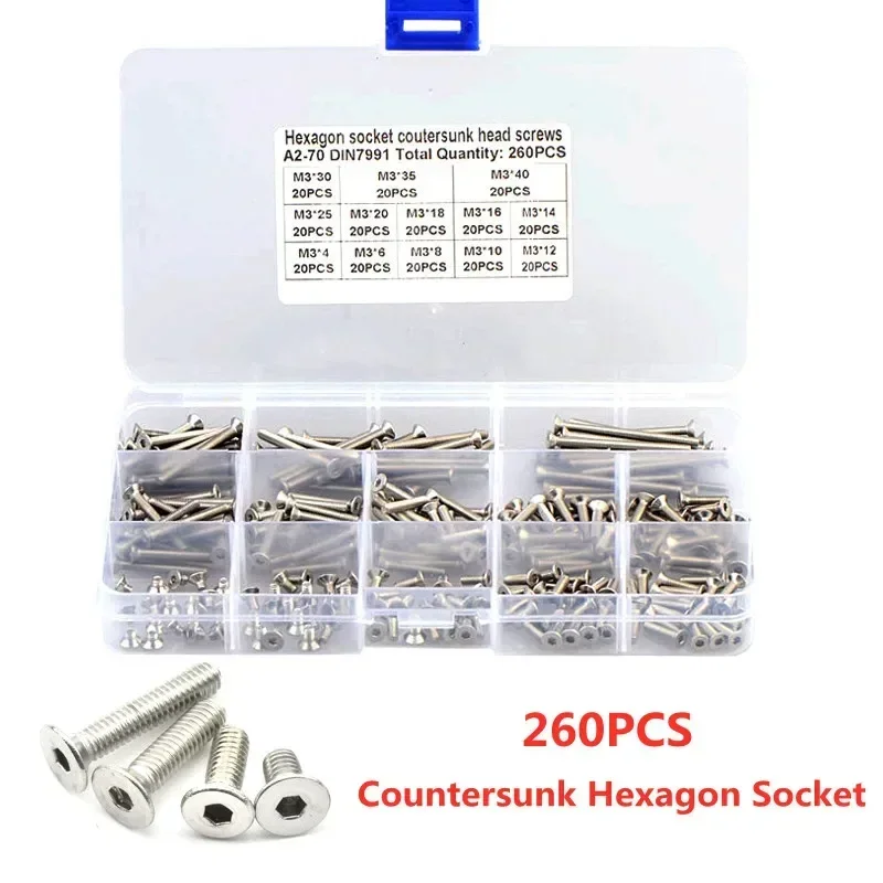 

260pcs M3 Hex Hexagon Socket Countersunk Head Screw Kit Stainless Steel 304 DIN7991 Flat Head Bolt Screw Combination Set