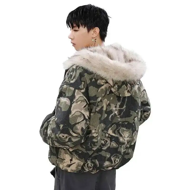 Camouflage Fur Splicing Hooded Quilted Padded Jacket Men's  High Street Winter Short Bomber Cotton-padded Coat C0CBH