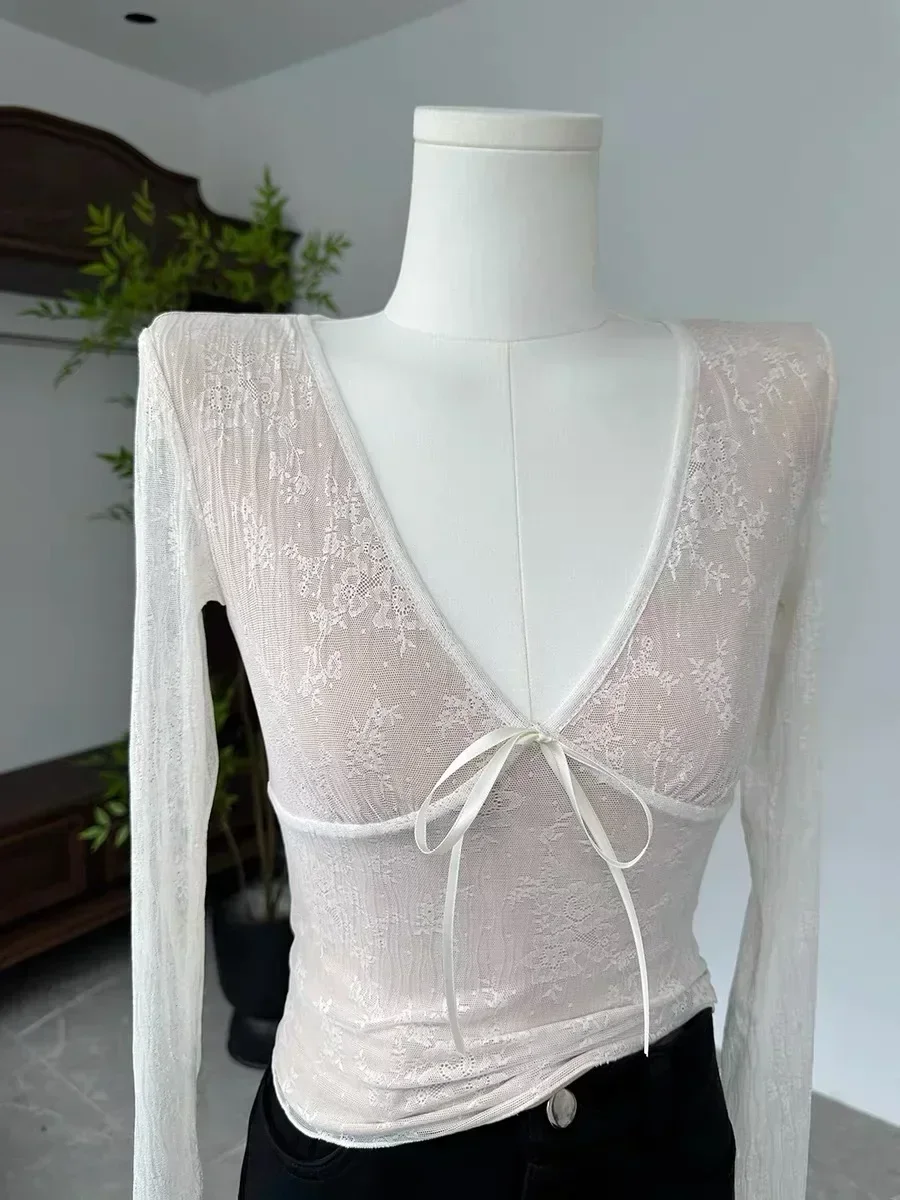 Y2K cute Long Sleeve Crop Tops Coquette Chic Lace-Up T-Shirts Kawaii Square Neck Blouse Slim E-Girls T-Shirt tee tops