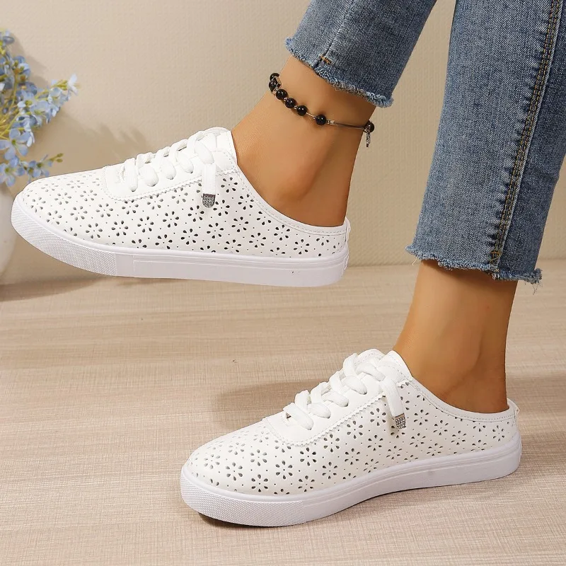 Floral Cutout Slip on Mule Trainers Elastic Quick Laces Flat White Ladies Summer Street Non Slip Casual Shoes - view 2