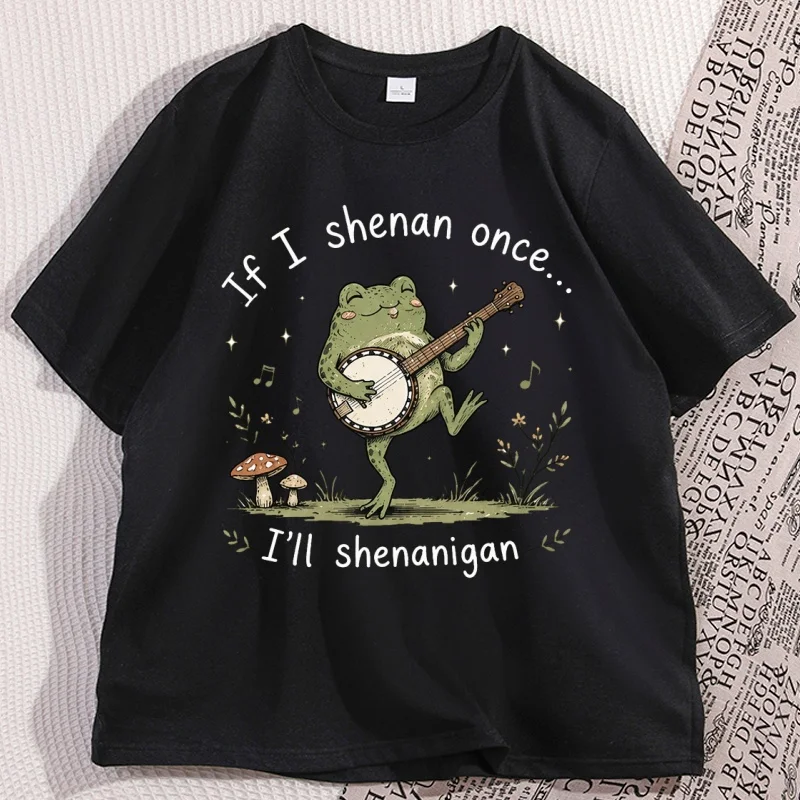 If I Shenan Once I'll Shenanigan Banjo T-Shirt Funny Frog T-Shirt Cottagecore Frog Tee Casual Cotton Short Sleeve Round Neck Tee