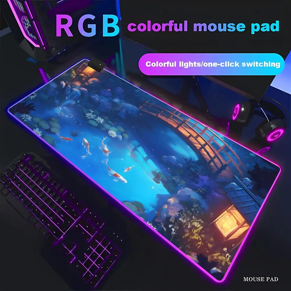 HYBXAXC Japanese Koi Pond Garden Mouse Pad Non-Slip Rubber Desk Mat for Gaming Office RGB Gaming Pad HD Gamer Large LED Light
