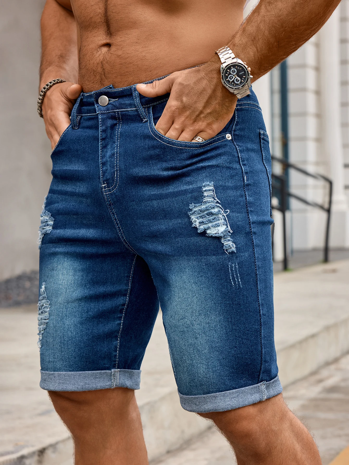 Men Denim Trousers Jeans Shorts Pants, Ripped Hole Rolled Hem Mid Waist Stretch Slim Fit Streetwear Casual Pants view 3