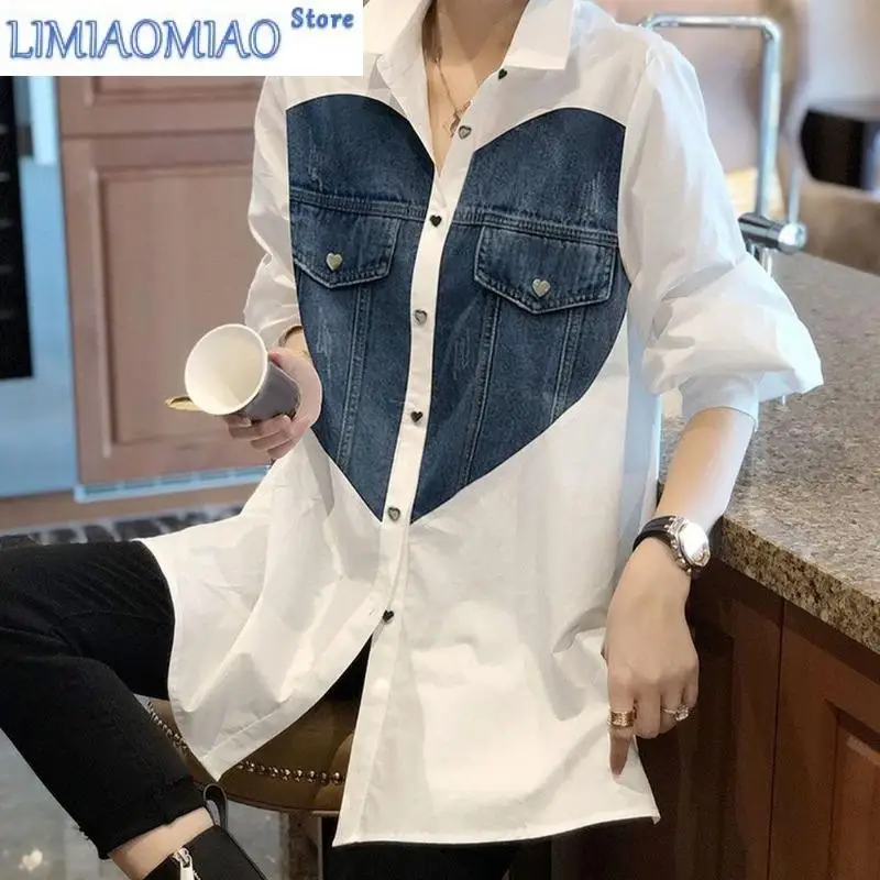 

Высококачественные джинсовые лоскутные рубашки с длинными рукавами и пуговицами, дизайнерская верхняя одежда, женская блузка, весна, лето, осень, джинсовая куртка, тенденции