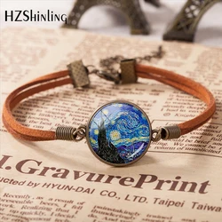 2020 Hot Sell Van Gogh Almond Branch in Bloom Art Pendant Leather Bracelet Famous Painting Glass Cabochon Accessories