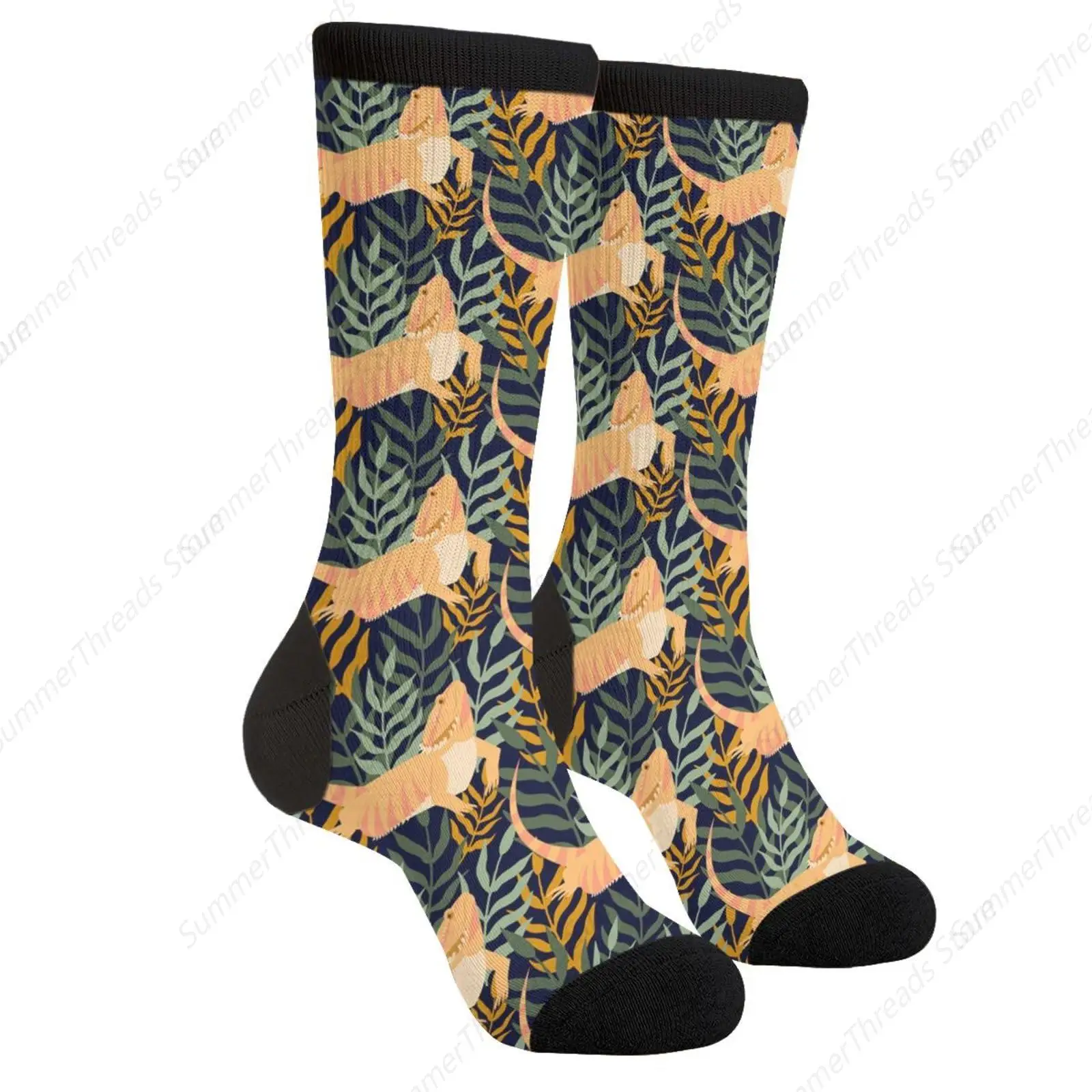 Lizard Cute Bearded Dragon Animal Leaf Tropical Casual Unisex Novelty Fun Crew Socks Fashion Comfortable Men And Women