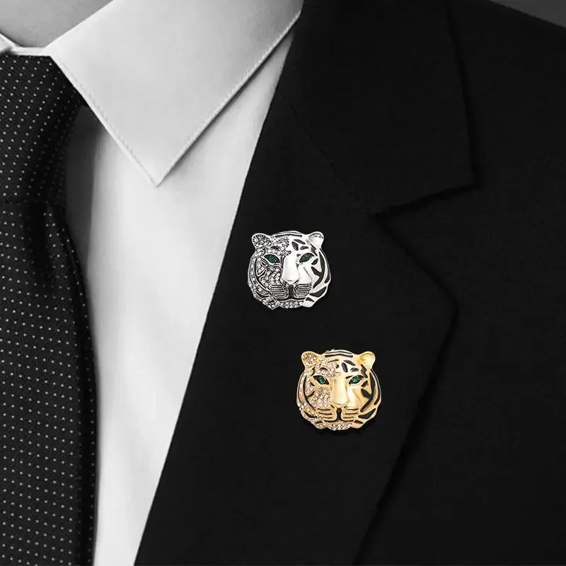 Retro rhinestone mighty domineering tiger head brooch men's blazer accessories pin tiger collar spot wholesale view 2