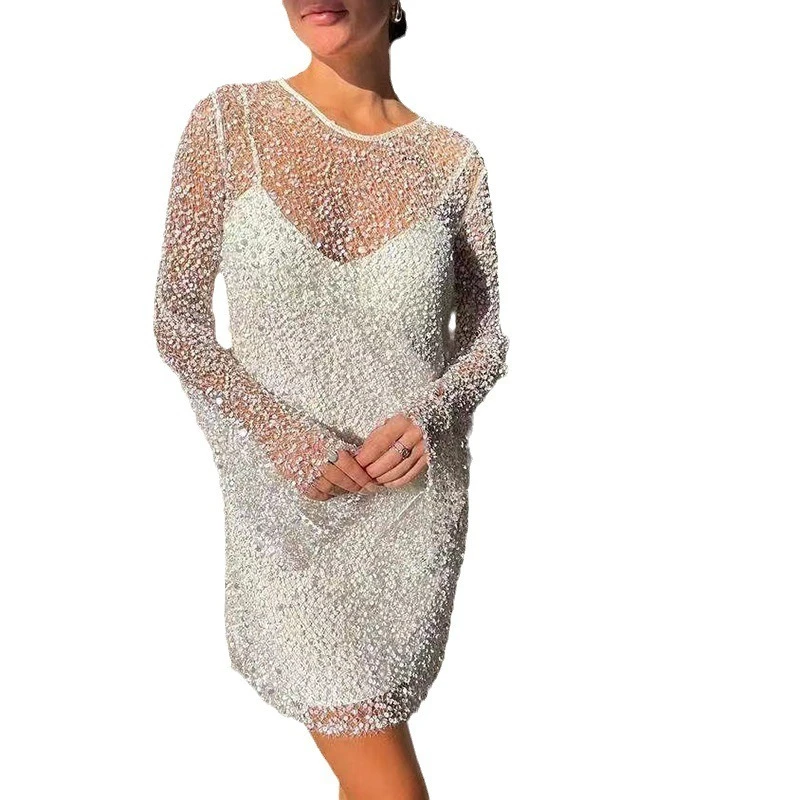 2025 verano Sexy cuello redondo cuentas vestido de malla transparente fuera del hombro vestido de tirantes fiesta boda vestidos de invitados moda mujer Mini Drees