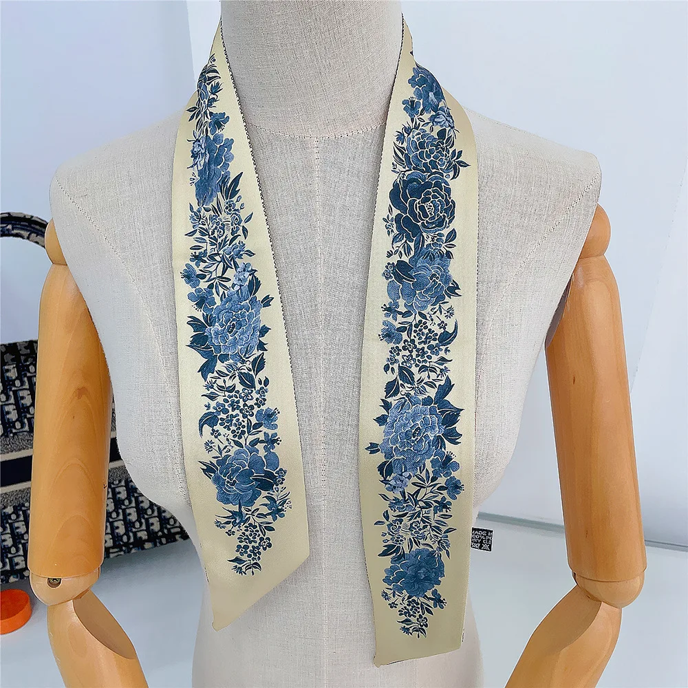 Bufanda pequeña con estampado de flores y Tarot francés para mujer, decoración de doble cara, elegante, con correa de encuadernación, cinta de regalo, bufanda de seda