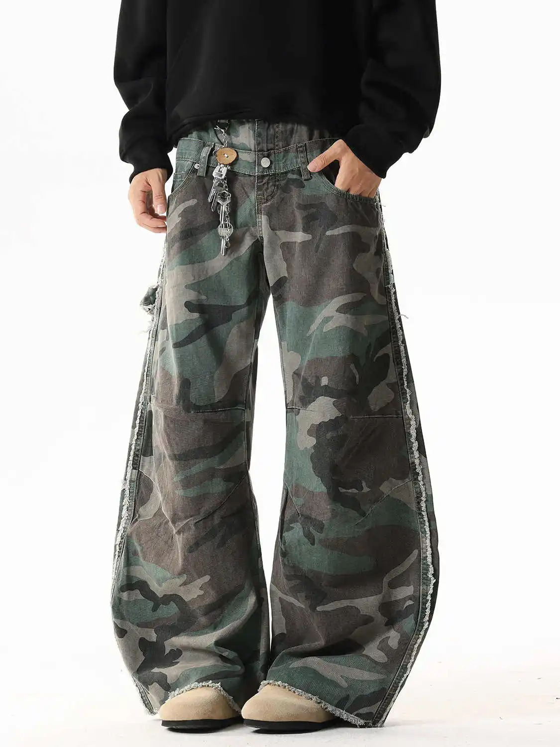 Women's Army Green Baggy Y2k Camouflage Jeans Japanese 2000s Wide Leg Jean Pants Vintage Harajuku Oversize Denim Trousers Autumn
