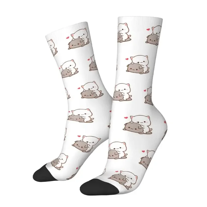 Peach Sitting On Goma Men Women Male Crew Socks Unisex Kawaii Cute Mochi Cat Spring Summer Autumn Winter Dress Sock