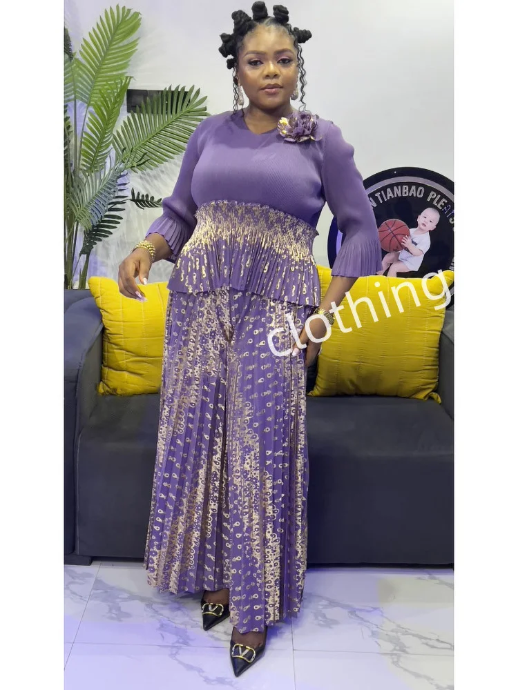 EGRM grande taille femme Miyake plissé deux pièces ensembles Blouse femmes tenue de luxe soirée robe pantalon ensembles 2025 nouveau 6A5918