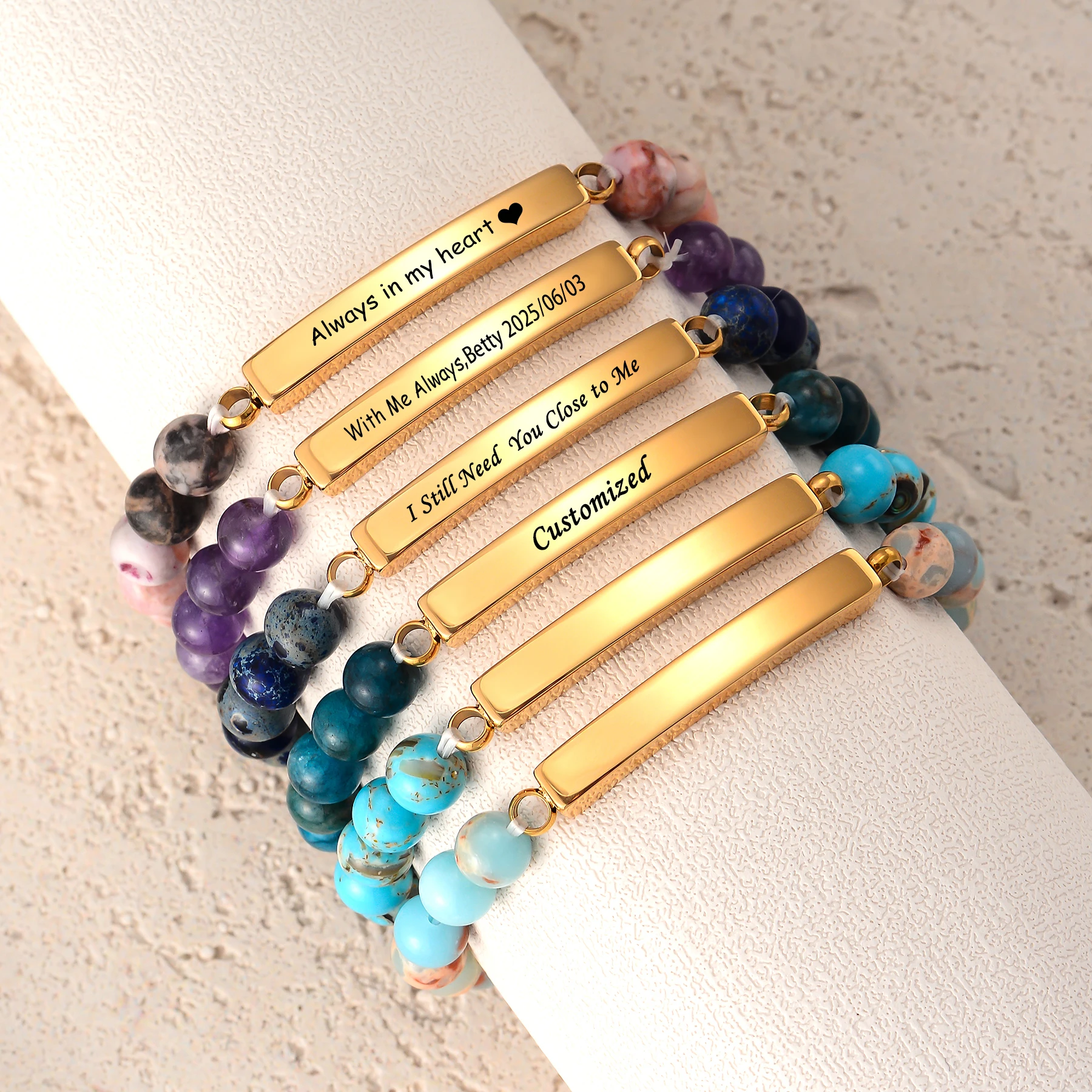 Gelang Kremasi Modis untuk Abu Batu Alam Warna-warni Batang Baja Tahan Karat Perhiasan Peringatan Kenang-kenangan Teks Nama Kustom