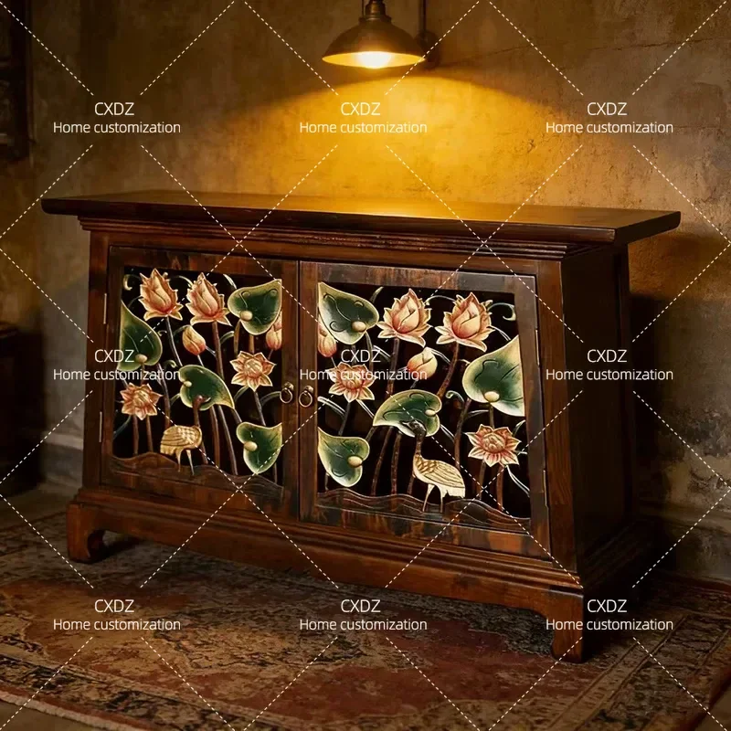 Retro Decorative Wall Side Cabinet Hand Painted Gold Edge Entrance Storage Console Table for Living Room Hallway Home
