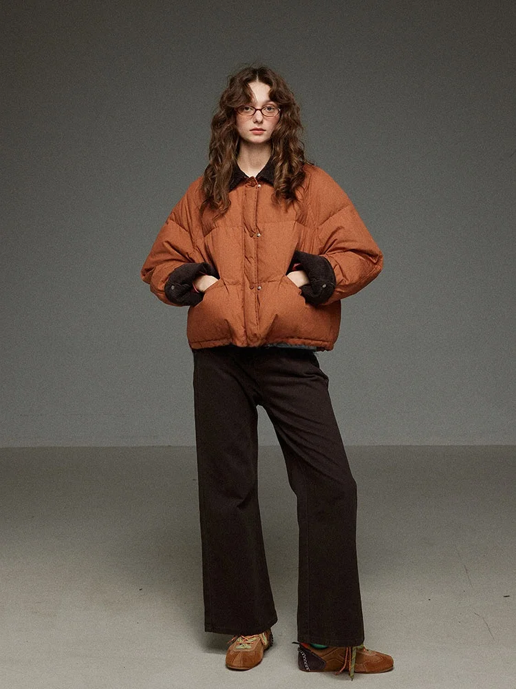 

TNIT Women's Short Puffer Jacket 90% White Duck down Corduroy Collar Bread Coat Flip Sleeve Vintage Straight Cut Thickened