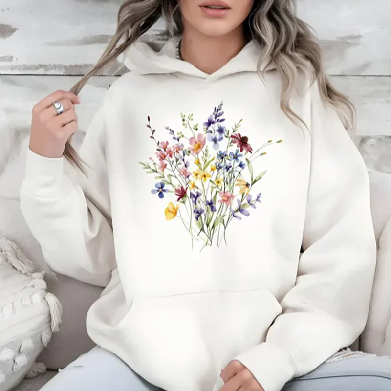 Floral Wildflowers Sweatshirt For Women Flower Lover Crewneck Hoodie Soft Comfortable Cotton Print Graphic Women Clothes