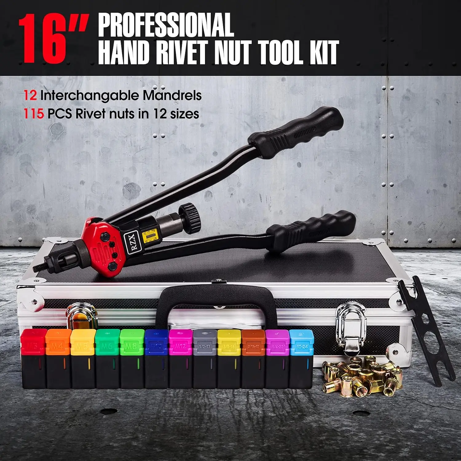 16" Rivet Nut Tool Set with 12 Mandrels & 115 Nuts, Ergonomic Design for Easy DIY Projects