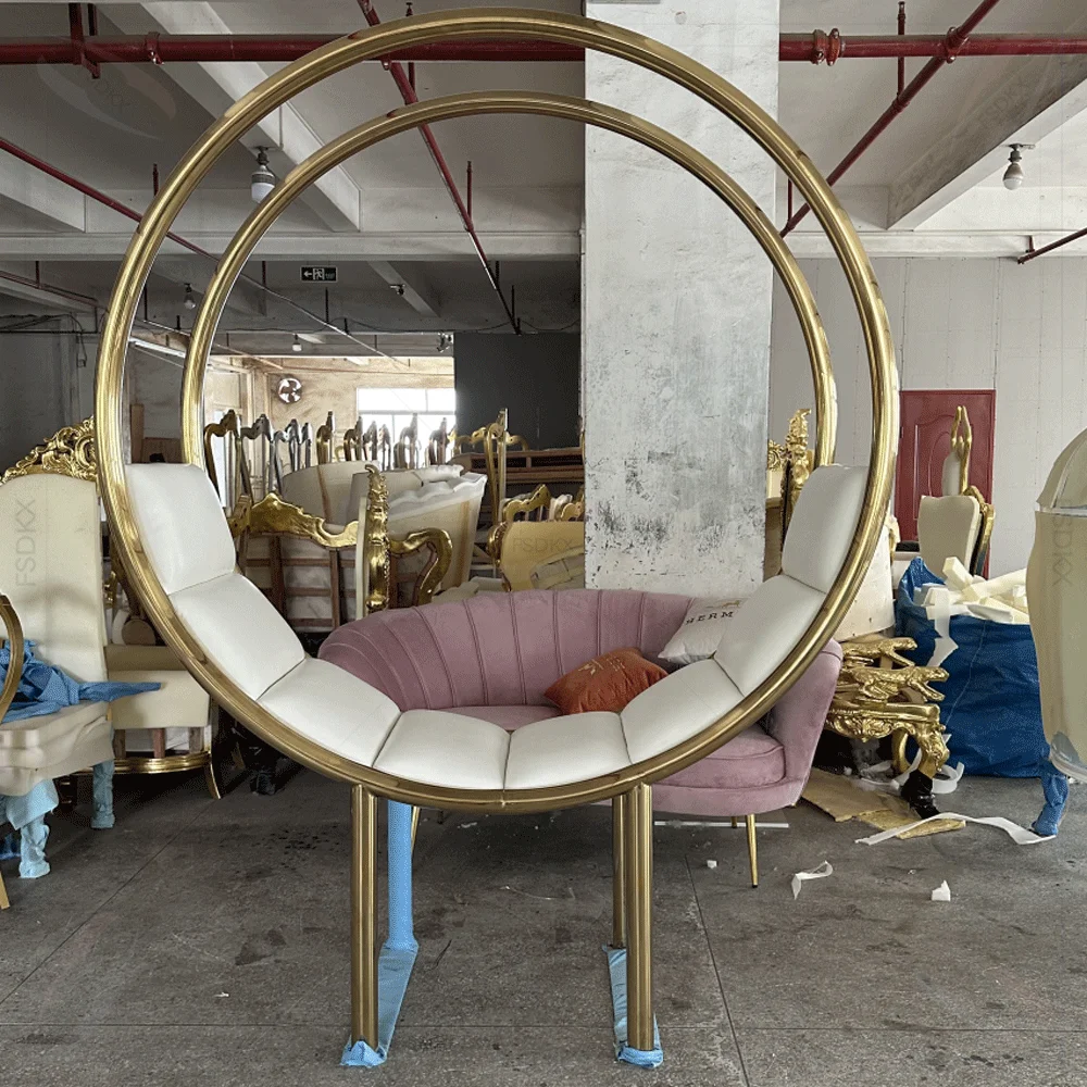 High Quality White Gold Wedding Stainless Steel Throne Chairs Round Sofa for Bride and Groom