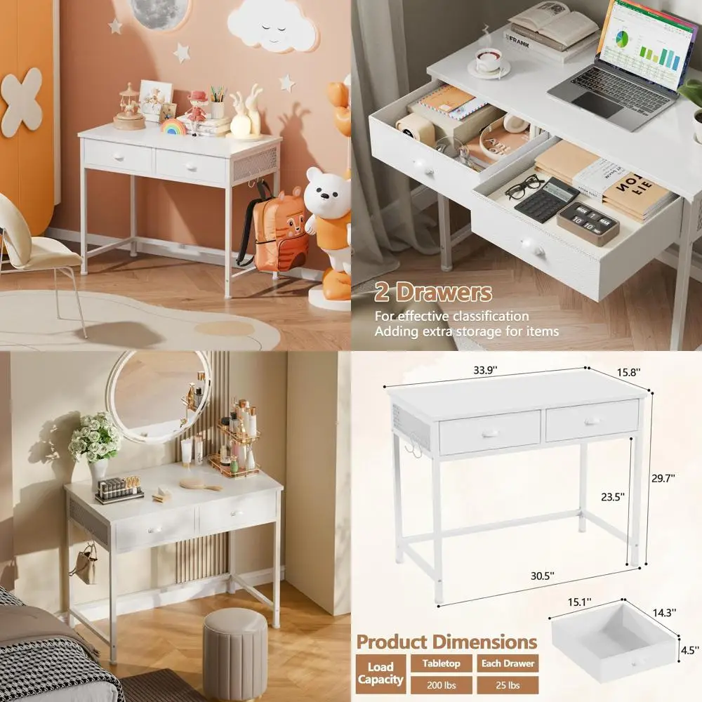 

Компактный домашний офисный стол 34 с тканевыми ящиками, идеально подходит для спальни или небольших помещений, с крючками для взрослых и студентов