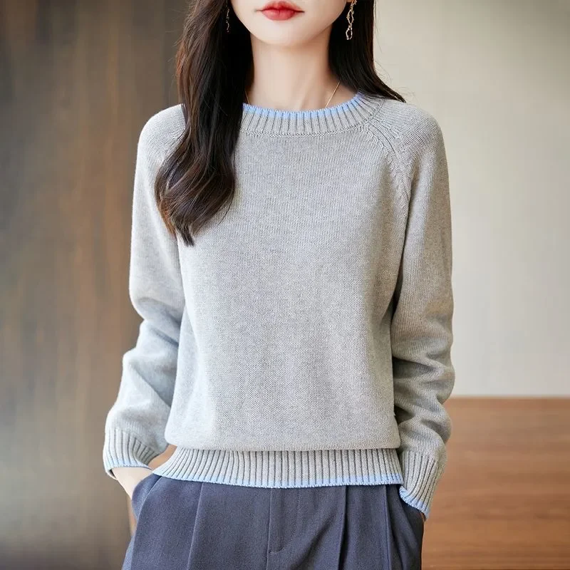 Осень-зима, женский утепленный свитер из чистого хлопка с длинными рукавами и круглым вырезом, пуловер, свободный простой хлопковый топ