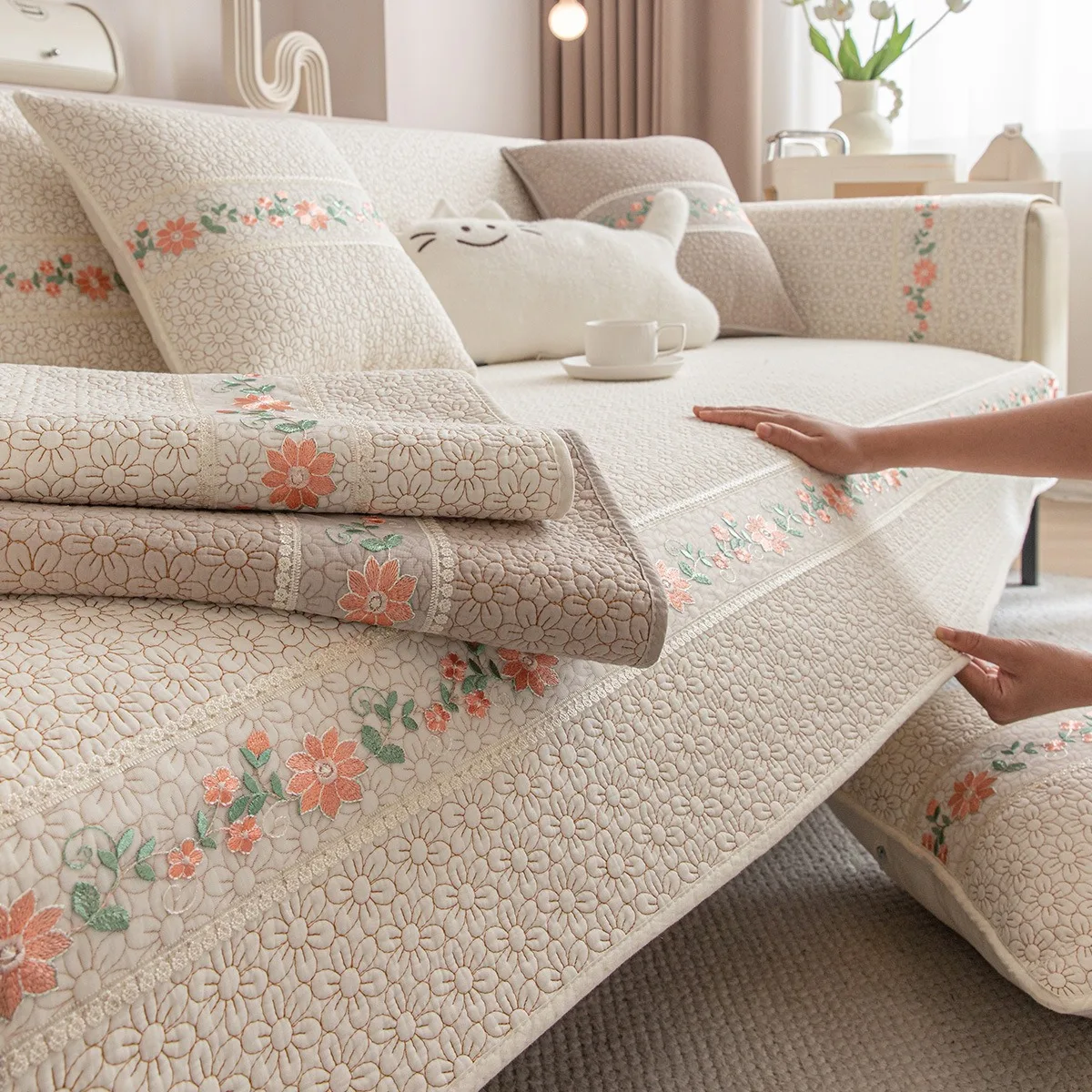 Korean Style Cotton Sofa Cushion Non Slip Sofa Cover Four Seasons Sofa Towel for Living Room 쇼파패드 Washable Couch Protecor