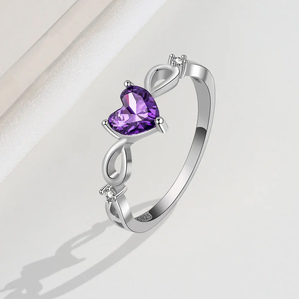 Trumium Authentic 925 Sterling Silver Amethyst Finger Rings for Women Heart Shape Wedding Promise Ring Bridal Party Gift