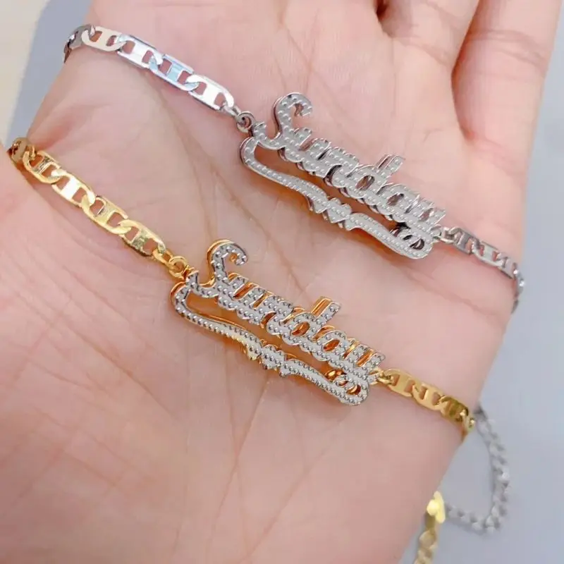 Personalized Double Layer Nameplate With Heart Bracelet Custom Name Stainless Steel Jewelry 3D Pendant Bracelets For Women Gifts