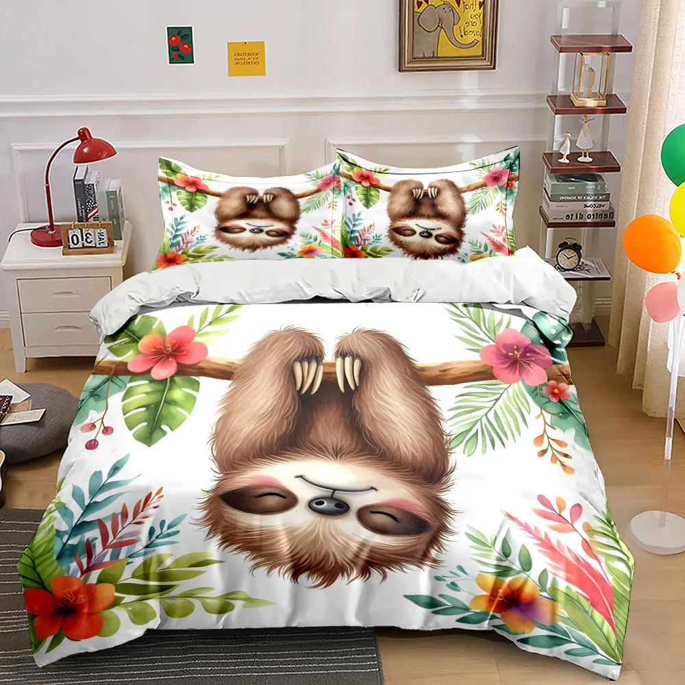 Relaxed sloth hanging on branch Print Bedding Set 1 Duvet Cover 2 Pillowcases for Adult and Children Luxury Gift Full Size