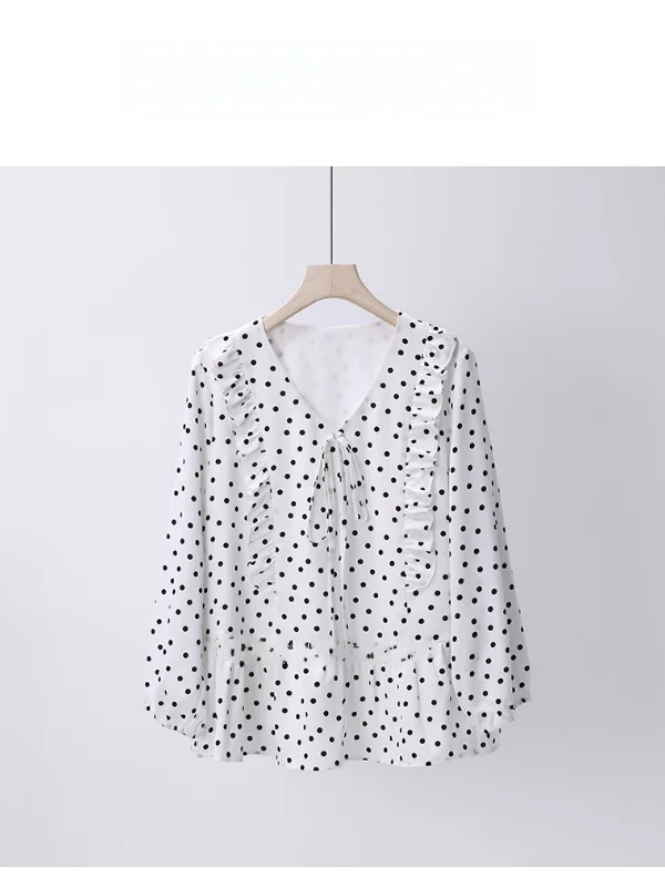 

Женская летняя рубашка больших размеров с V-образным вырезом в горошек, повседневный стиль, свободный крой, из полиэстера, с длинным рукавом, укороченная, дышащая