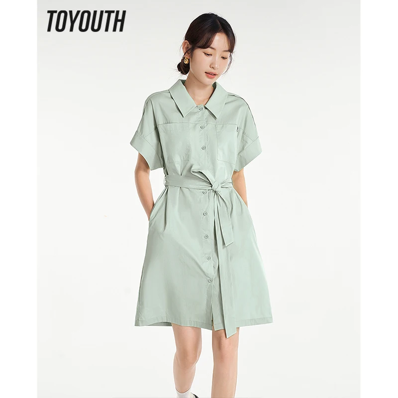 Toyouth Women Shirt Dress 2023 Summer Short Sleeve Polo Neck A-shape Slim Waist Pocket Buttons Design Casual Chic Skirt