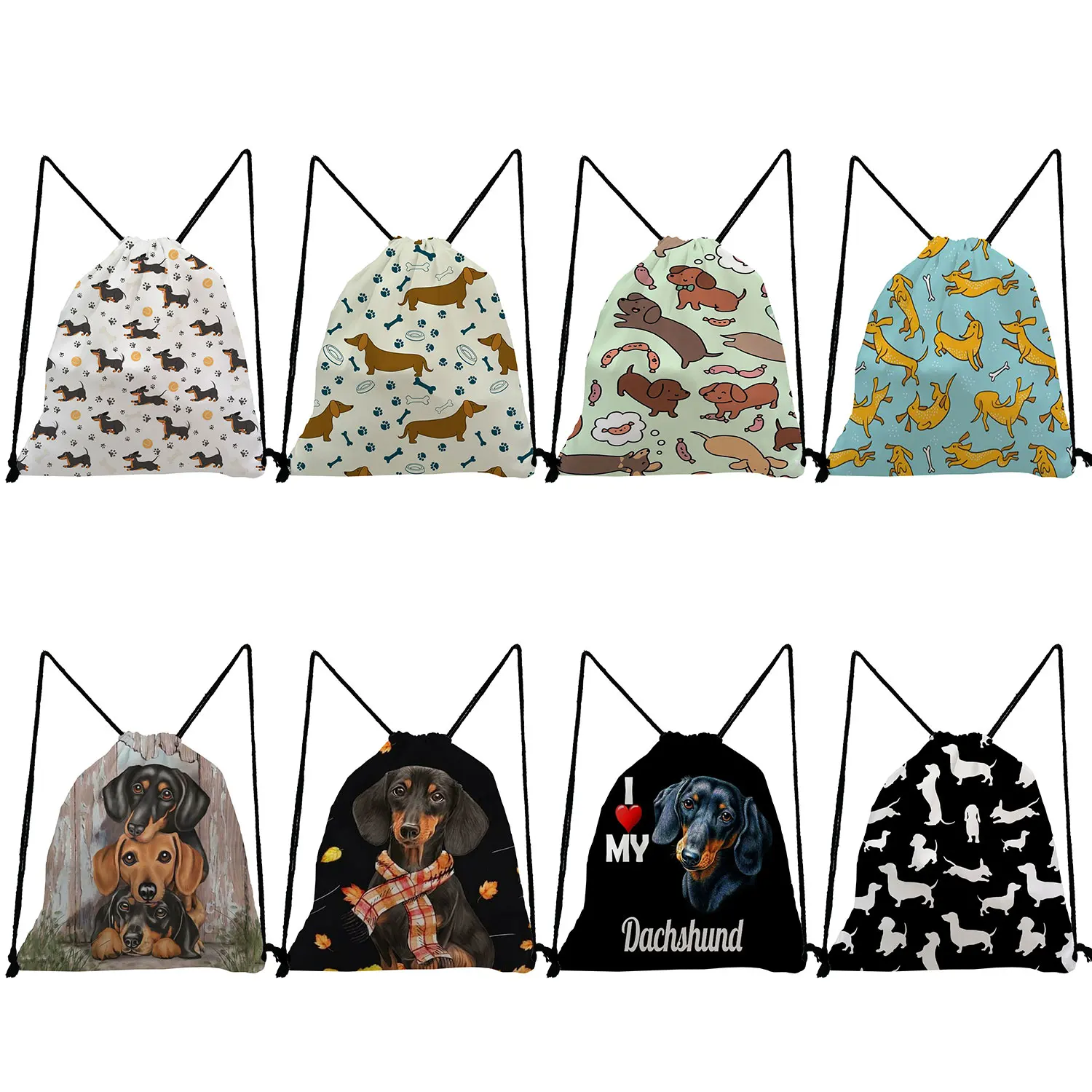 

Backpacks for Students Drawstring Pocket Sausage Dog Print Portable Storage Bag Travel Gym Custom Cute Animal Shoe Bag to School